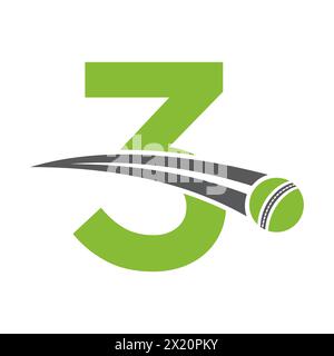 Logo Cricket sulla lettera 3 con simbolo di palla da cricket mobile. Cartello Cricket Illustrazione Vettoriale