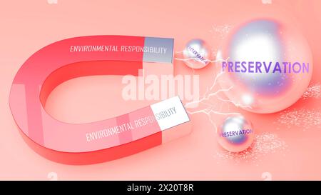 La responsabilità ambientale attrae la conservazione. Una metafora magnetica in cui la responsabilità ambientale attrae sfere in acciaio a conservazione multipla Foto Stock