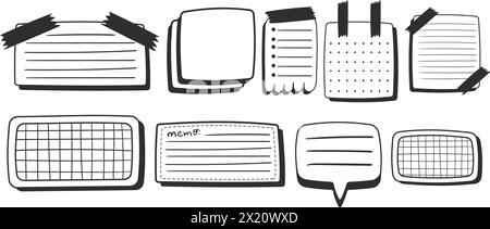 Collezione di adesivi per fogli di carta in stile fumetto, adesivi per appunti in bianco e nero. Inserimento creativo nel Journal e illustrazione per prendere appunti. Disegnato a mano ve Illustrazione Vettoriale