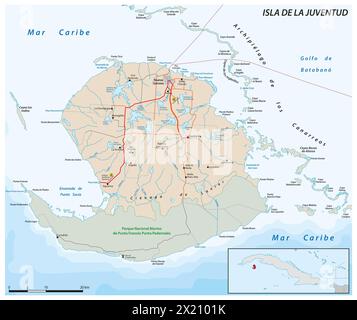 Mappa vettoriale dell'Isola della Gioventù cubana, Isla de la Juventud Foto Stock