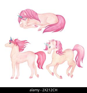 Set di illustrazioni ad acquerello con simpatici unicorni che saltano e dormono nei colori rosa e turchese, sfondo bianco e isolato. Cartone animato fiabesco Foto Stock