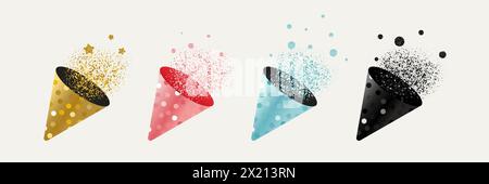 Cappello da popper per festa, cracker per buon compleanno, cappellino di compleanno con confetti glitter. Illustrazione vettoriale realistica Illustrazione Vettoriale