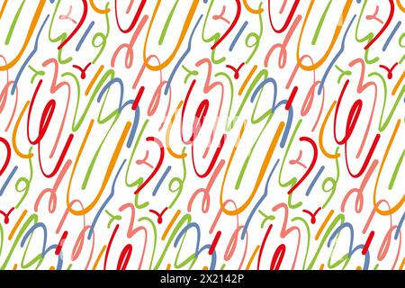 Divertenti linee colorate sfoggiano un motivo senza cuciture su sfondo bianco. Sfondo artistico creativo per bambini o design di moda con forme di base. Chi semplice Illustrazione Vettoriale