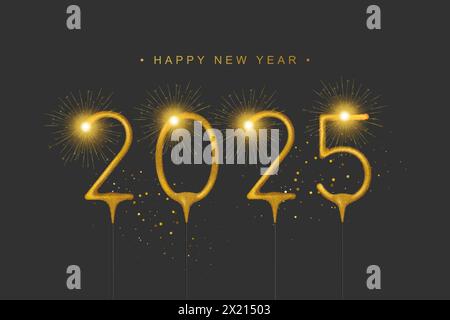 Banner felice anno nuovo 2025 con numeri di candele Sparkler realistici e glitter cadente. Modello vettoriale Illustrazione Vettoriale
