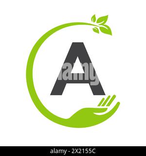 Logo Eco sulla lettera A con simbolo A mano e lamina. Simbolo riciclo Illustrazione Vettoriale