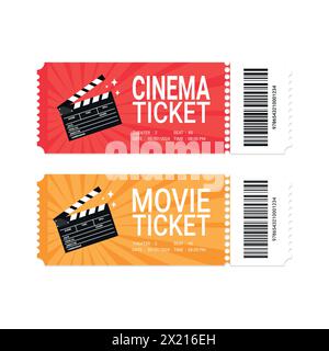 Biglietto per film o cinema moderno con lavagna a fogli mobili. Vista frontale realistica. Modello ticket film. Illustrazione vettoriale Illustrazione Vettoriale