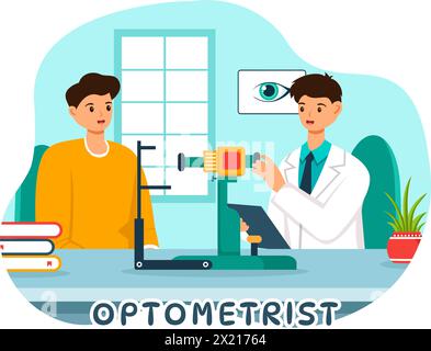 Illustrazione del vettore optometrista con controlli oftalmologici vista del paziente, test ottico dell'occhio e tecnologia degli occhiali su sfondo piatto del cartone animato Illustrazione Vettoriale