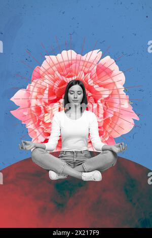 Collage fotografico verticale di una ragazza calma e mentale che meditava yoga pratica ritiro relax trance gemma di fiori di peonia isolato su sfondo dipinto Foto Stock