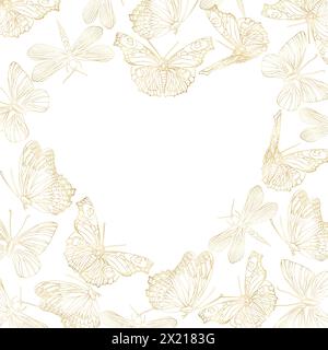 Un disegno di un cuore con farfalle dorate. Le farfalle sono di diverse dimensioni e colori, e sono sparse in tutto il cuore. Il Illustrazione Vettoriale