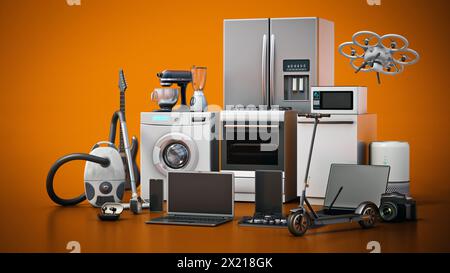 Gruppo di elettrodomestici ed elettronica di consumo su sfondo rosso. Illustrazione 3D. Foto Stock
