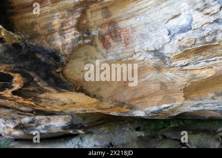 Sito della grotta Red Hands, opere d'arte aborigene risalenti a circa 30000 anni fa, West Head, parco nazionale Ku-Ring-GAI Chase, Sydney, NSW, Australia Foto Stock