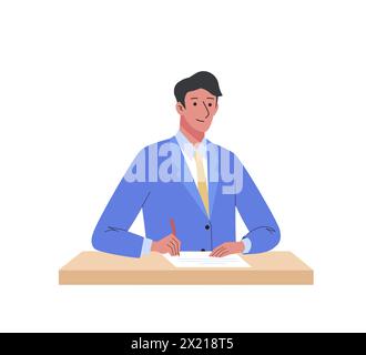 Uomo d'affari che firma un contratto seduto a un tavolo. Concetto aziendale di riunione con successo, accordo di cooperazione firmato Illustrazione Vettoriale