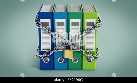 Gruppo di cartelle avvolte con catene e lucchetto. Illustrazione 3D. Foto Stock