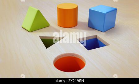 Gioco puzzle con forma quadrata, circolare e triangolare. Illustrazione 3D. Foto Stock