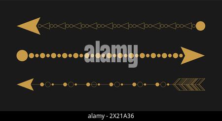 Il celeste mistico vettoriale ha un contorno dorato con sole, stelle, mezzaluna e fasi lunari. Etichette lineari lucide occulte nere con una cornice magica Illustrazione Vettoriale