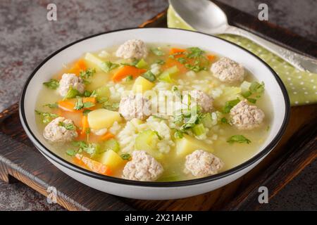 Zuppa calda di polpette di riso fatta in casa con sedano, carote, cipolle e patate da vicino in un recipiente sul tavolo. Orizzontale Foto Stock