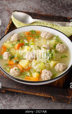 Zuppa di riso con polpette e verdure da vicino in un recipiente sul tavolo. Verticale Foto Stock