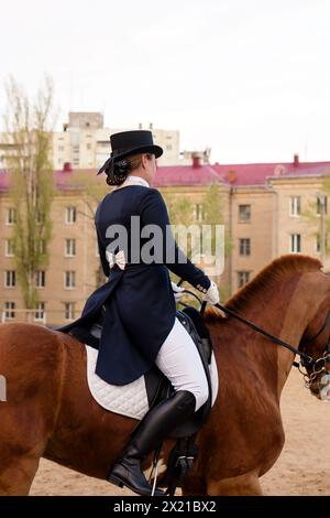 Profilo laterale del dressage su cavallo di castagno. Sessione di guida. Fantino femminile in equino uniforme. Sport equestre. Scuola di equitazione Foto Stock