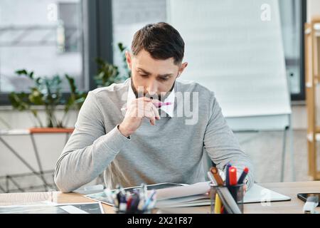 Un uomo siede a una scrivania, avvolto in un pezzo di carta, profondamente pensato, circondato dal traffico di un ufficio aziendale. Foto Stock