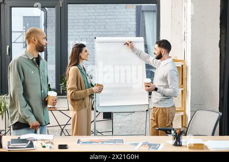 Un gruppo diversificato di professionisti si impegna in una discussione dinamica sulle idee scritte su una lavagna bianca. Foto Stock