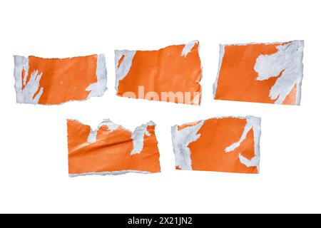 Set di pezzi di carta arancione strappati su sfondo bianco. Carta strappata con spazio di copia. Foto Stock
