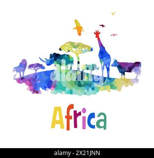 Poster di benvenuto in Africa. Africa abstract animali colorati silhouette. disegno a mano. Non ai, illustrazione vettoriale Illustrazione Vettoriale
