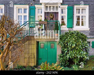 Ex ufficio della società Neviandt e Pfleiderer con porta d'ingresso originale, Germania, Renania settentrionale-Vestfalia, Bergisches Land, Mettmann Foto Stock