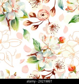 motivo sakura rosa senza cuciture. Fiori di ciliegio giapponese Sakura bianco rosa. disegno manuale. Non IA. Illustrazione vettoriale Illustrazione Vettoriale