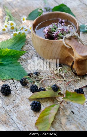 tè alle erbe fatto in selva con origanum selvatico, margherite, ortica e more Foto Stock