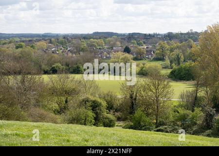 Una vista su Newbold Comyn da Beacon Hill, Leamington Spa, Warwickshire, Inghilterra, Regno Unito Foto Stock