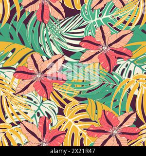 Motivo floreale senza cuciture con fiori e foglie tropicali. Illustrazione vettoriale Illustrazione Vettoriale