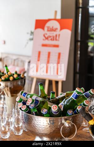 Bottiglie di birra, champagne e prosecco in secchi di ghiaccio per gli ospiti al ricevimento di nozze presso la Botley Hill Farm a Surrey, Regno Unito Foto Stock