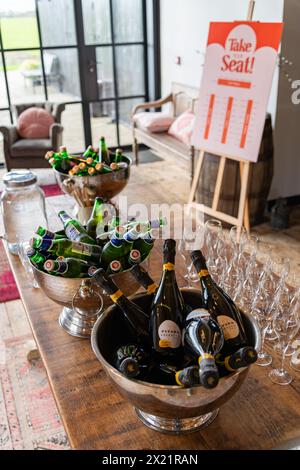 Bottiglie di birra, champagne e prosecco in secchi di ghiaccio per gli ospiti al ricevimento di nozze presso la Botley Hill Farm a Surrey, Regno Unito Foto Stock