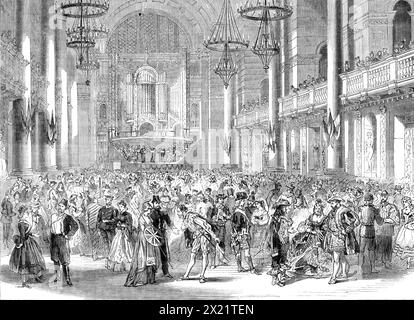 Palla elegante in aiuto di St. Ann's Dispensary, a St, George's Hall, Liverpool, 1864. Incisione da uno schizzo di Mr. Woods, che rappresenta '...il ballo Grand Fancy-Dress che si è svolto martedì settimana, a St. George's Hall, in aiuto dei fondi di St. Ann's Dispensary, in quella città. L'architettura e le decorazioni permanenti di St. George's Hall deve essere ben noto ai nostri lettori dalle incisioni che abbiamo pubblicato in alcune occasioni precedenti. La scena qui raffigurata è piena di animazione, e le varietà di costumi offrono grande spazio per una fantasia colta. In mezzo al primo piano vediamo Foto Stock