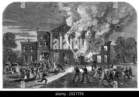 Incendio di Pengwern Hall, vicino a St. Asaph [in Galles], sede di Lord Mostyn, 1864. Questa villa, una delle più nobili nella vale di Clwyd, era la residenza del defunto Lord Mostyn, ma, dalla sua morte, è stata occupata da suo fratello, l'On. T. P. Lloyd. Fu costruita nel 1787... la casa era in parte di architettura corinzia, ma con una certa originalità nel design della sua parte anteriore. Conteneva non solo una grande quantità di mobili, piatti e gioielli costosi, ma anche molti dipinti di scelta - olandese, italiano e inglese - oltre alla rara e preziosa biblioteca di documenti gallesi e MSS. noto come t Foto Stock