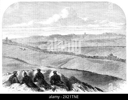 The War in Denmark: Sketch of the Redoubt n. 4, 5, 6, and 7 at D&#xfc;ppel, che mostra le sentinelle danesi e prussiane dell'avamposto - da uno schizzo preso sulla collina di Ruhenberg, dal nostro artista speciale, 1864. '...dal 17 marzo, Ruhenberg Hill, che non si trova a più di 800 metri dalla più vicina delle riserve danesi..., è stato in possesso dei prussiani... il mulino a vento D&#xfc;ppel e i Redoubt, che si trovano sulla fronte della collina, sono qui visti da ovest... in primo piano ci sono quattro soldati prussiani, che giacciono sotto la copertura di una bassa riva di terra, che è stata molto dura Foto Stock