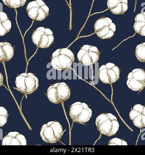 Motivo vettoriale senza cuciture con rami di cotone. Illustrazione dell'inchiostro disegnato a mano. Illustrazione Vettoriale