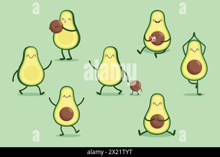 Carino personaggio animato Avocado e set di semi di avocado per bambini. Stile di vita sano e cura di sé. Stile piatto. Illustrazione vettoriale Illustrazione Vettoriale