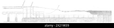 London Main-Drainage Works: Sezione della caduta del Northern Drainage a Barking Creek, 1864. Diagramma che mostra lo sbocco del fiume: "Ingresso laterale; ventilatore; parete del fiume; acqua alta Trinità...le acque reflue sollevate [a Pimlico] saranno convogliate attraverso la fogna di basso livello, che deve passare lungo il terrapieno del Tamigi, ora in corso di costruzione, e lungo la nuova strada prevista per la Mansion House fino a Cannon-Street; e da lì in un percorso verso est, passando per la Torre e il quartiere dei London Docks e Limehouse fino al più grande stabilimento di pompaggio di Abbey Mills. Questo cucito Foto Stock