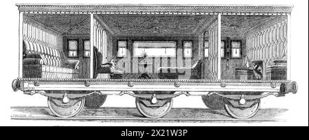 Nuovo vagone ferroviario costruito per l'uso del Principe e della Principessa di Galles sulla Great Eastern Railway, 1864. Una rappresentazione della nuova ed elegante carrozza, costruita espressamente per l'uso del Principe e della Principessa di Galles, nei loro viaggi a Sandringham e ritorno dalla Great Eastern Railway, è incisa nelle nostre pagine questa settimana. Le loro altezze reali, con il principe neonato, cui assisteva la loro suite ordinaria, viaggiarono con questo trasporto dal capolinea della porta vescovile alla stazione di Wolferton in occasione della loro ultima visita a Norfolk, quando il principe si espresse molto appello Foto Stock