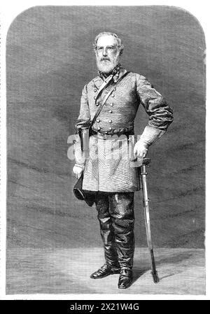 Generale Robert Edmund Lee, comandante in capo dell'esercito degli Stati Confederati d'America, 1864. Incisione da una fotografia dei signori Minnis e Cowell, '...una fedele somiglianza di uno dei più grandi soldati di questa epoca. Tre anni di campagne, in difesa del suo stato nativo della Virginia - intrapresi, senza dubbio, da motivi di patriottismo - hanno dimostrato la sua consueta padronanza dell'arte della guerra, che aveva imparato come ufficiale al servizio degli ex Stati Uniti. Il generale Lee ha dimostrato di possedere, in alta perfezione, quella peculiare combinazione di morale e intelletto Foto Stock