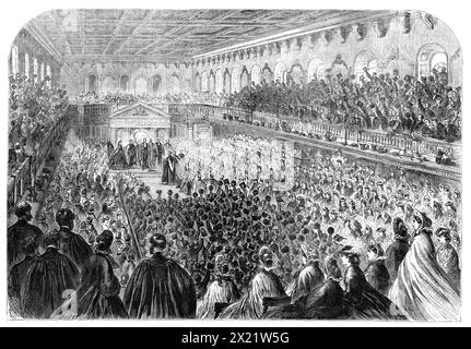 The Royal Visit to Cambridge - The Senate-House: "Three Cheers for Denmark!", 1864. Il Principe di Galles, (futuro re Edoardo VII) partecipa al conferimento dei gradi. "Il corpo della sala e le gallerie erano, come al solito, affollati di membri dell'Università, e nei posti riservati c'erano i visitatori disgustati... tre applausi per Lord Palmerston e tre calorosi applausi per il Principe e la Principessa... il Cancelliere, accompagnato dal Vice Cancelliere e dal Conte di Powis, ha preso posto sul dais, e la Principessa di Galles fu condotta alla cattedra di S. Foto Stock