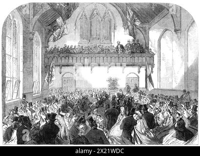 Nuovo edificio per l'istituzione massonica per ragazzi, aperto sabato scorso, [Tottenham, Londra], 1865. Una "...spaziosa casa scolastica... per l'educazione dei figli dei massoni decaduti o deceduti...[l'edificio è] dai disegni di fratello Stephen Barton Wilson...[ed è] in grado di ospitare da 150 a 200 ragazzi e il necessario personale di ufficiali... l'edificio è stato completato, i fratelli si sono incontrati in una grande loggia speciale, e una processione, guidata dagli steward che portavano le loro bacchette d'ufficio, formata sotto la direzione del G.D.C., i fratelli camminavano in ordine regolare Foto Stock