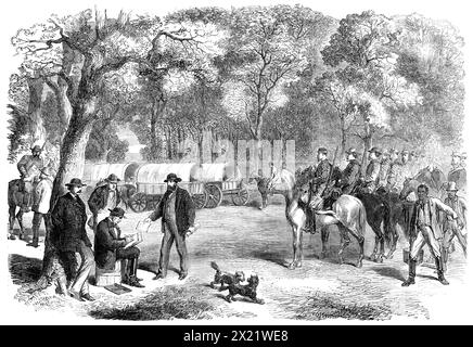 Gli ultimi giorni del governo confederato - il signor Jefferson Davis firma gli atti di governo a bordo strada, 1865. '...from uno schizzo del nostro artista speciale... [mostrando] il signor Davis e il suo Gabinetto che si fermano sul ciglio della strada; l'ex presidente si impegnò a firmare documenti che il signor Benjamin, il suo Segretario di Stato, gli sta consegnando. Questo fu probabilmente l'ultimo affare ufficiale trattato dal governo confederato, e potrebbe essere definito "governo a bordo strada". I nostri lettori devono tenere presente che in qualsiasi momento potrebbe essere dato l'allarme dell'avanzata del nemico, e, per non dire, un tale Foto Stock