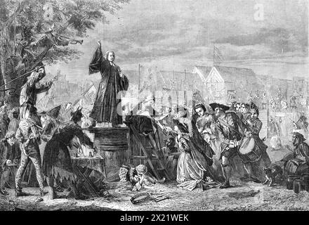 "Whitefield Preaching in Moorfields" A.D. 1742, di E. Crowe, nella mostra della Royal Academy, 1865. Incisione di un dipinto. 'Al titolo... l'artista aggiunge la seguente citazione da "Life and Times of Whitefield" di Philip: The Merry-andrew - frequentato da altri, che si lamentavano di aver preso molti chili in meno quel giorno a causa della mia predicazione - si alzò sulle spalle di un uomo; e, avanzando, tentò di colpirmi con una lunga e pesante frusta diverse volte, ma sempre, con la violenza del suo movimento, abbatté... altri, avendo un grande palo per la loro sta Foto Stock