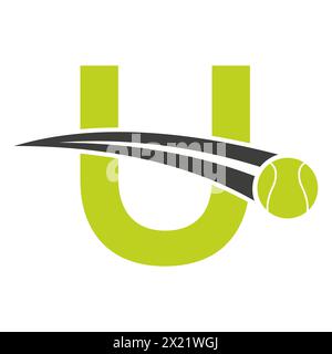 Logo da tennis sulla lettera U con simbolo della palla da tennis in movimento. Insegna da tennis Illustrazione Vettoriale