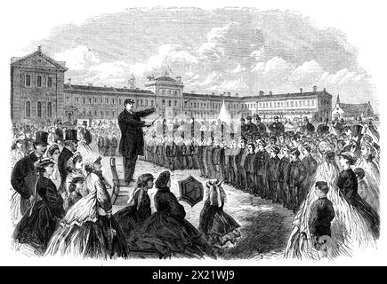 Ispezione annuale della Middlesex Industrial School di Feltham, 1865. L'ispezione annuale della scuola istituita a Feltham, vicino Hounslow, per provvedere alla cura, alla riforma e all'educazione dei minori trasgressori, ebbe luogo mercoledì settimana. Ogni ragazzo di età compresa tra i sette e i quattordici anni condannato per qualsiasi reato penale può essere commesso in questa scuola per un periodo non inferiore a un anno e non superiore a tre. La scuola è costruita e sostenuta interamente al costo del tasso della contea...il numero di detenuti è in media di circa 560 ragazzi, sotto l'accusa di sete Foto Stock