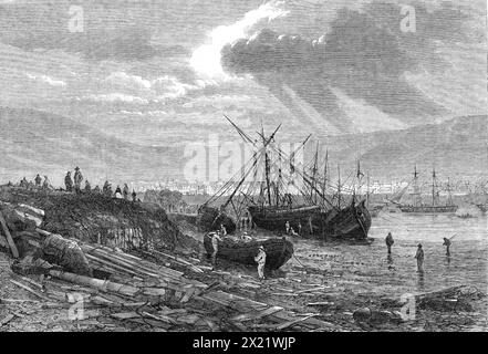 Effetti della tempesta tarda a Table Bay, Capo di buona speranza, 1865. "...il piroscafo Atene, appartenente alla Union Steam Navigation Company... è stato distrutto dalla grande tempesta a Table Bay, Capo di buona speranza, il 17 maggio. Ora vi presentiamo una vista della scena del caos che è stata esposta sulla spiaggia subito dopo la fine della tempesta. Non c'erano meno di quindici navi marittime, oltre a molte imbarcazioni più piccole, gettate sulla riva, e alcune furono rotte a pezzi, mentre altre furono parzialmente o completamente smantellate. Nella stessa ora, quando il piroscafo Atene fu guidato, sopra il Foto Stock