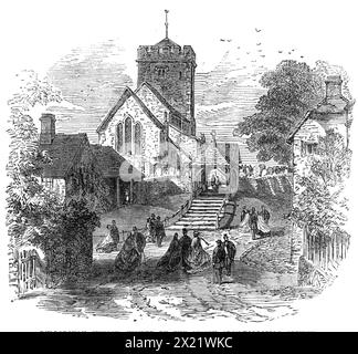 Pulborough Church, visitata dalla Sussex Archaeological Society, 1865. "La riunione annuale della società archeologica del Sussex si è svolta ad Amberley, vicino ad Arundel [nel Sussex], giovedì settimana. Il numeroso gruppo di visitatori che arrivavano da Londra, Brighton, Chichester, e altrove con i treni del mattino si fermò alla stazione di Pulborough, e andò a guardare diversi oggetti di interesse nel villaggio di Pulborough dove il Rev. P. Royston gentilmente agì come loro guida. La chiesa parrocchiale, dedicata a San Mary, è stata la prima visitata. Si tratta di una struttura molto antica, e ha la particolarità del suo ch Foto Stock