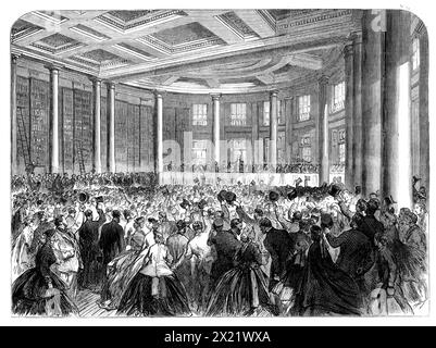 Apertura della Birmingham Central Free Library, 1865. "La Central Free Library (la seconda istituzione di questo tipo istituita, sotto la legge di Mr. Ewart, dalla Corporation of Birmingham) è stata aperta al pubblico... dal Sig. H. Wiggin, il Sindaco... la nuova Free Library... è un edificio dello stile ionico, ... bello e comodo all'interno... il Sindaco...[ha detto che questa] grande biblioteca centrale, che era dedicato alla letteratura e all'arte, e che, oltre alla biblioteca di prestiti di 14.000 libri, conteneva una sala di riferimento, dove si trovavano i migliori e più rari libri di riferimento, da usare io Foto Stock